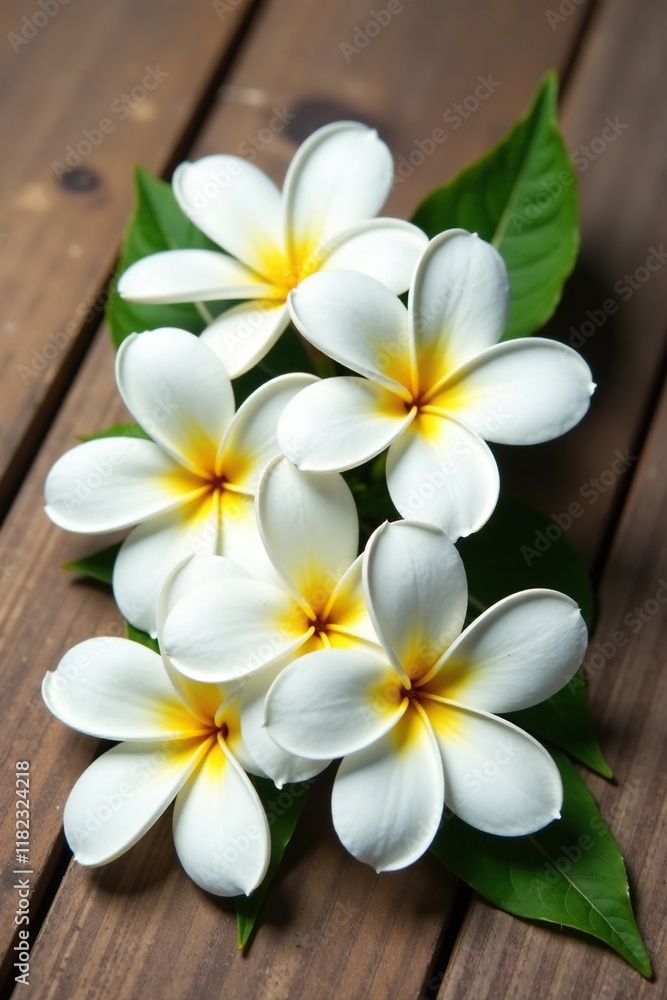 Fototapeta premium Isolated white plumeria flowers on a wooden surface, natural, isolated, pure