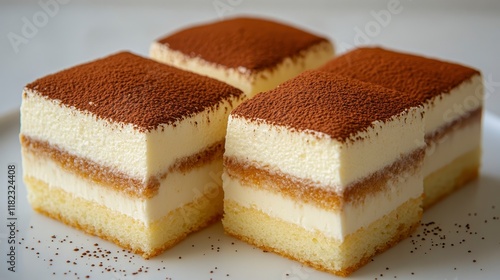 Four squares of creamy tiramisu dessert, layered with coffee-soaked sponge cake and dusted with cocoa powder, arranged on a white plate. photo