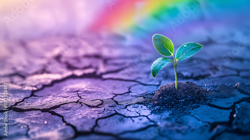 Image of a single seedling sprouting from cracked, parched earth, with a vibrant rainbow reflecting in the background photo