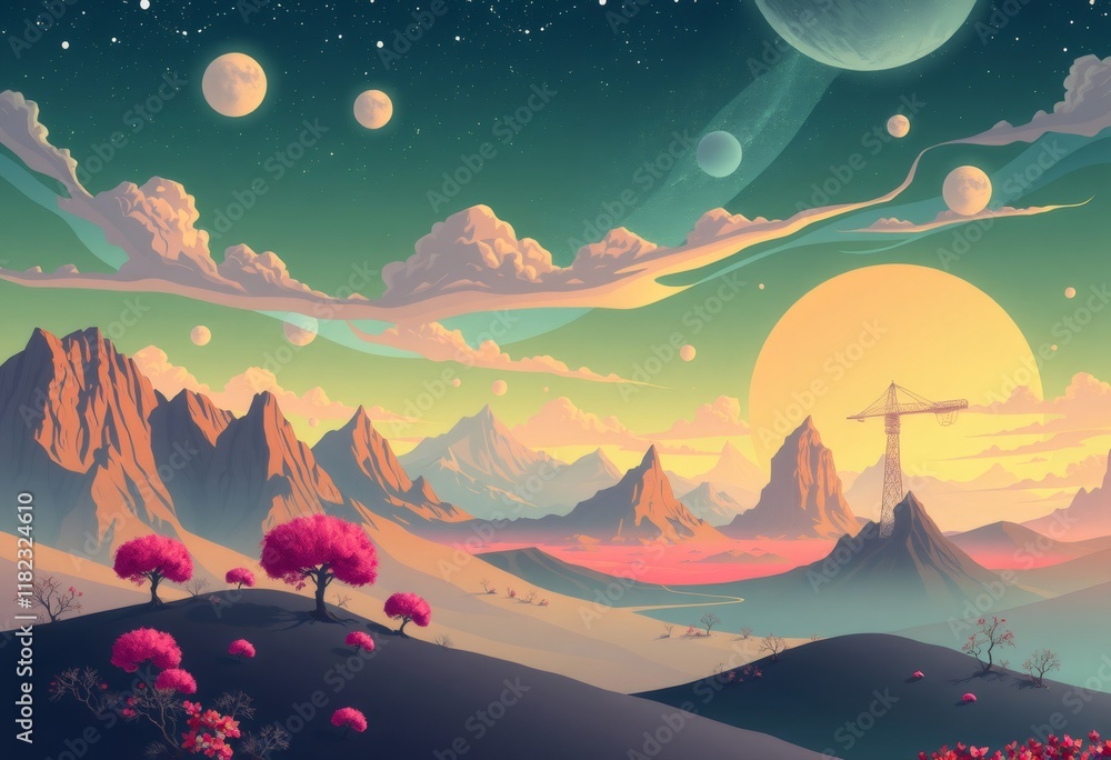 A futuristic landscape with pink trees, a construction crane, and a large moon. A futuristic landscape with pink trees, a construction crane, and a large moon.