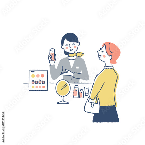 コスメショップで接客する女性スタッフと客