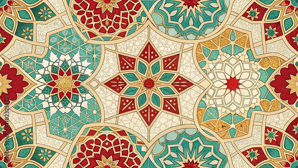 Vibrant Islamic Ornamental Background with Red, Turquoise and Gold Mosaic Patterns Vibrant Islamic Ornamental Background with Red, Turquoise and Gold Mosaic Patterns