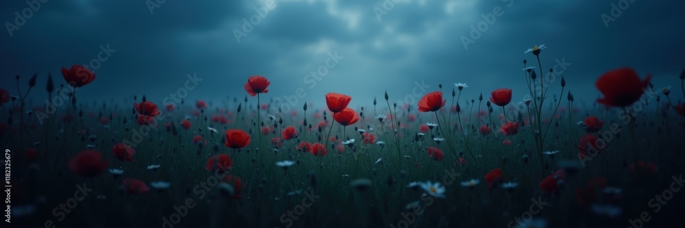 Fototapeta premium A serene field of red poppies under moody skies, evoking a sense of calm and beauty. Perfect for nature themes, wellness, and creative design projects.