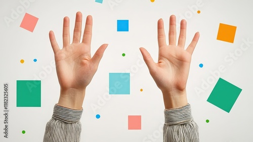 Two hands raised with open palms against a white background with colorful squares and dots. Use for concepts like interaction, playfulness, or creativity. photo