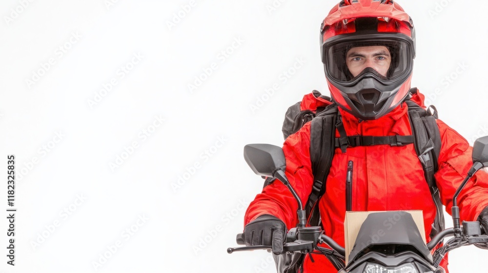 Professional Delivery Rider in Bright Red Jacket on Motorcycle, Ready for Urban Transport, Isolated on White Background for Stock Photo Use Professional Delivery Rider in Bright Red Jacket on Motorcycle, Ready for Urban Transport, Isolated on White Background for Stock Photo Use