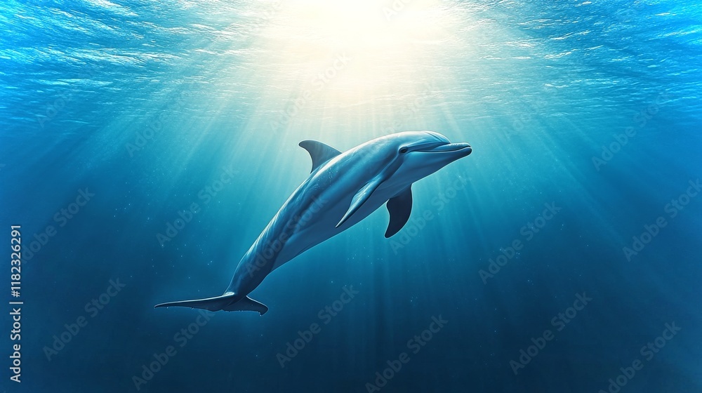 Obraz premium Laughing dolphin swims joyfully under bright sunlight in clear blue ocean waters