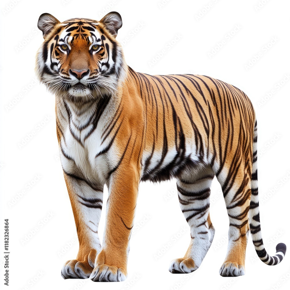 A majestic tiger standing proudly with striking orange and black stripes. A majestic tiger standing proudly with striking orange and black stripes.
