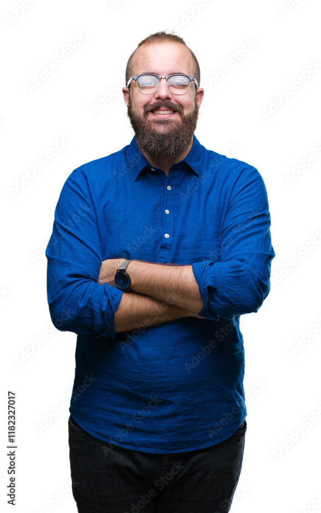 Fototapeta premium Young caucasian hipster man wearing glasses over isolated background happy face smiling with crossed arms looking at the camera. Positive person.