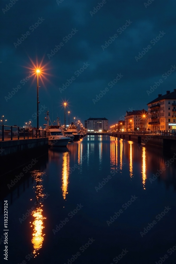Quiet nighttime reflections on the harbor's surface, shadows, calmness, darkness Quiet nighttime reflections on the harbor's surface, shadows, calmness, darkness