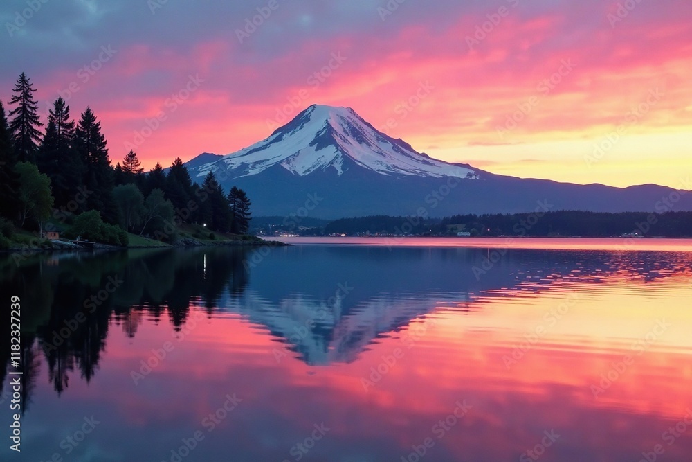 Reflection of Mount Rainier on calm Tacoma Waterfront at dawn, sunrise, peaceful scene, lake Reflection of Mount Rainier on calm Tacoma Waterfront at dawn, sunrise, peaceful scene, lake
