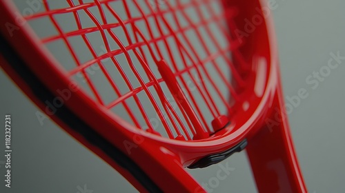 Close-up of a red tennis racket's throat and strings. Ideal for sporting goods websites or tennis-related content. photo