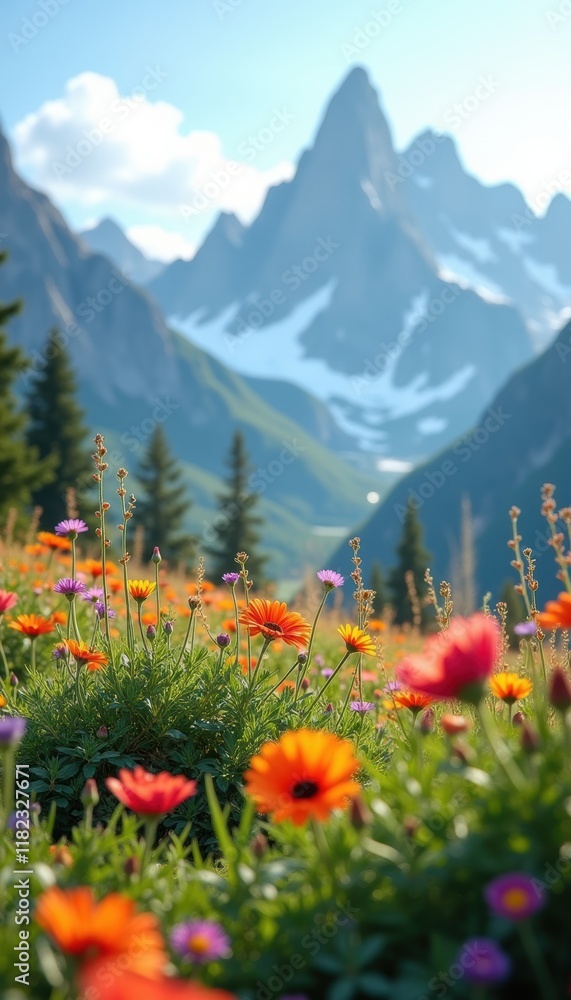 Fototapeta premium A stunning mountain landscape adorned with vibrant wildflowers in the foreground, perfect for nature-themed projects, travel promotions, and outdoor events.