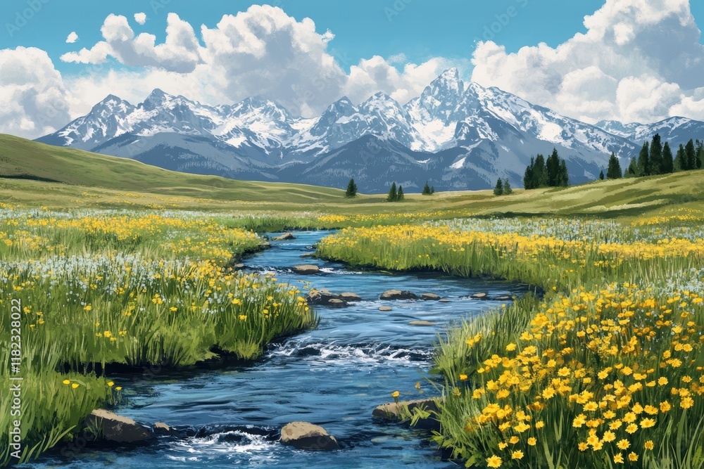 Obraz premium Serene river flowing through vibrant wildflower fields with majestic mountains in the background