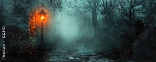 Mystical Foggy Path Illuminated by a Vintage Street Lamp in the Woods photo