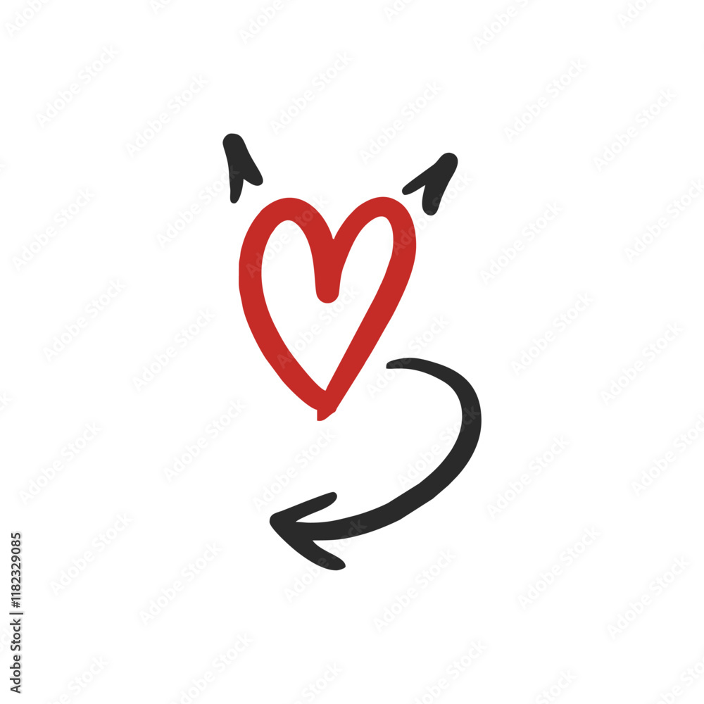Hand drawn illustration of heart with horns, demon. Symbol of love in doodle style. Grunge brush stroke for valentine's day. Vector icon on white background.
