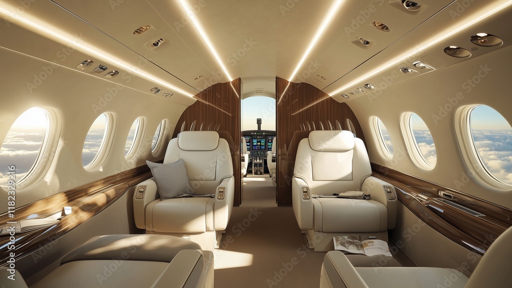 Fototapeta premium interior of an airplane, private luxury jet soared gracefully through vibrant morning sky with wide-angle view of sun-kissed clouds below offering panoramic view of world awakening to new day sunrise