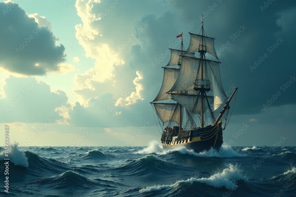 Tall ship with full rigged mast in rough seas and high winds, stormy sky, sailing ship Tall ship with full rigged mast in rough seas and high winds, stormy sky, sailing ship