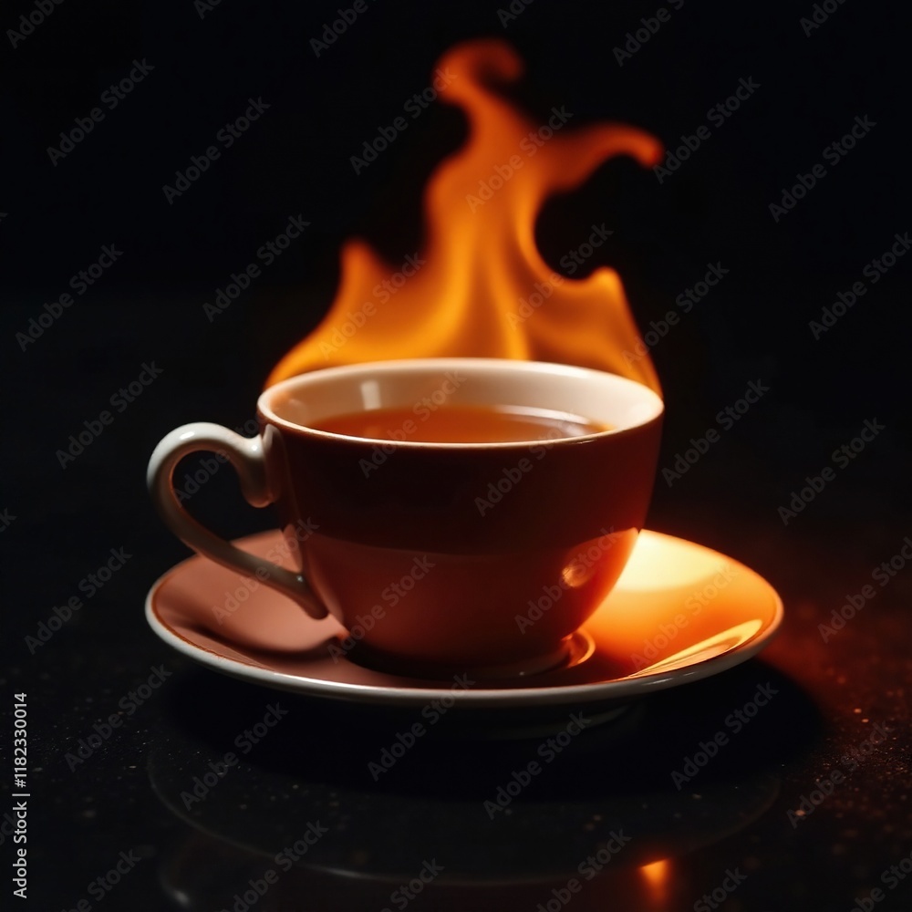 Teacup on a black background with flames surrounding it, contrast, shadows, moody Teacup on a black background with flames surrounding it, contrast, shadows, moody