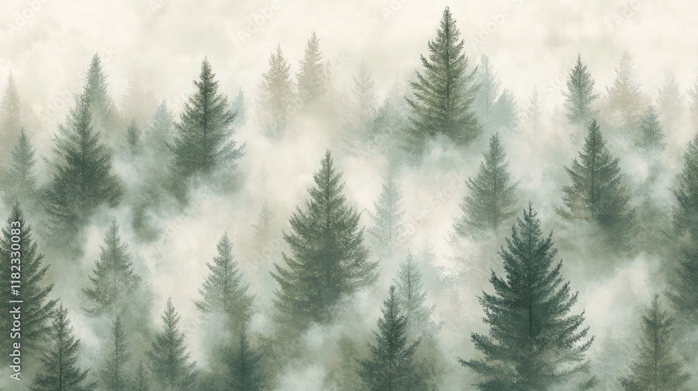 A calming wallpaper featuring a forest scene in soft misty gray and green tones