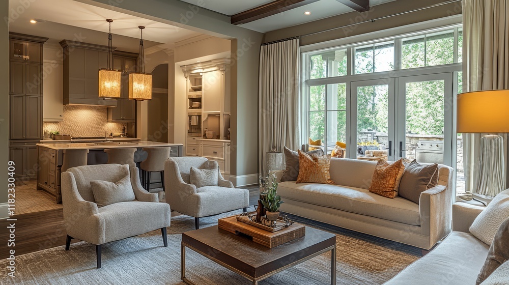 Fototapeta premium Open-plan living room, kitchen visible, neutral tones.