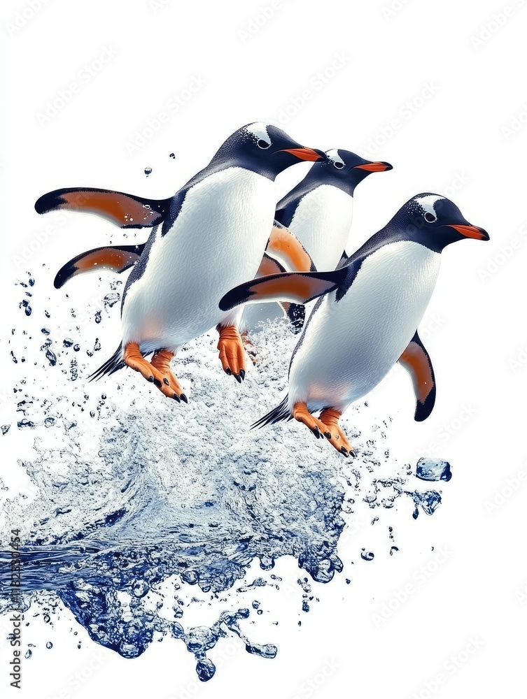 Fototapeta premium Three penguins leap from water, showcasing their playful nature and aquatic agility.