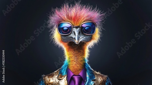 Cassowary in bronze suit showcases bold style with colorful hair and sunglasses