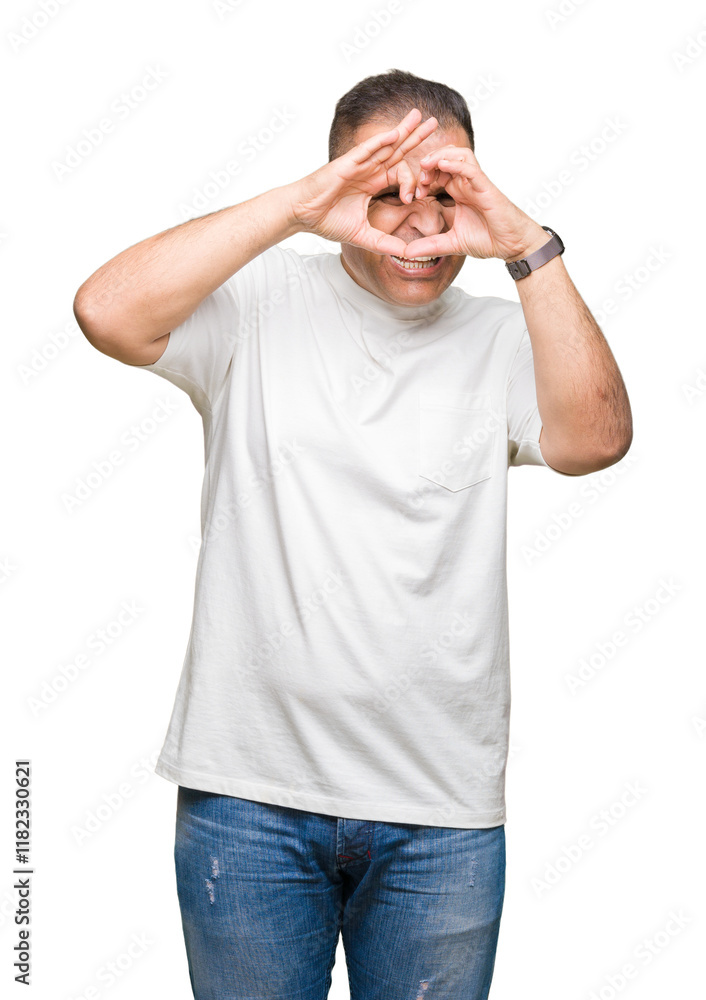 Middle age arab man wearig white t-shirt over isolated background Doing heart shape with hand and fingers smiling looking through sign