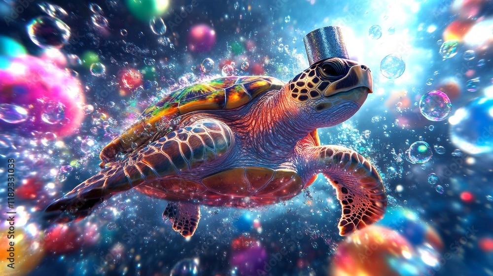 Lounging sea turtle surrounded by colorful bubbles in vibrant underwater setting Lounging sea turtle surrounded by colorful bubbles in vibrant underwater setting
