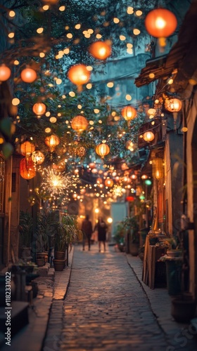 Wallpaper Mural Magical Lantern-Lit Alleyway with Sparklers and Festive Atmosphere at Night Torontodigital.ca
