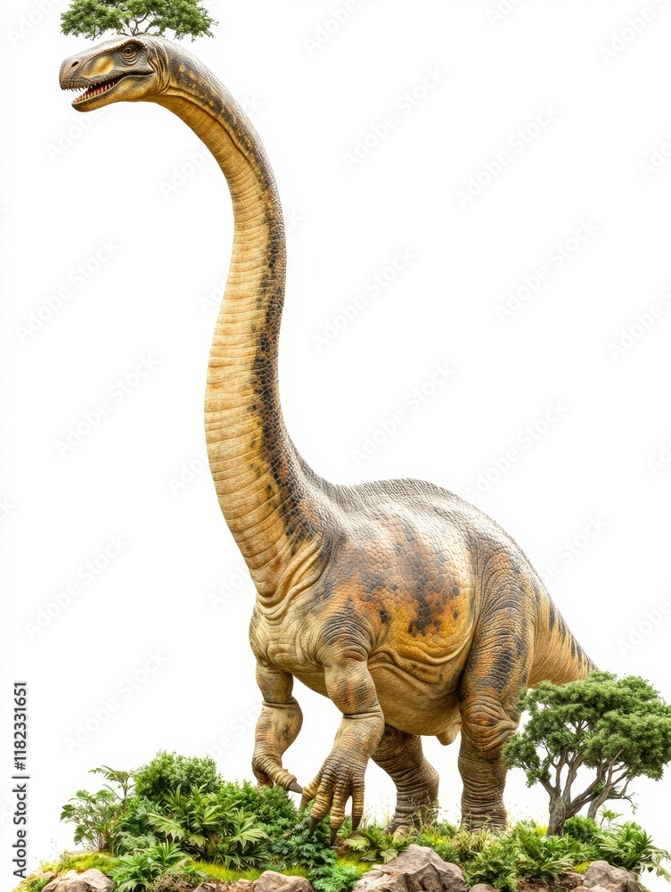 Fototapeta premium A tall dinosaur with a long neck standing on a rocky terrain with trees.