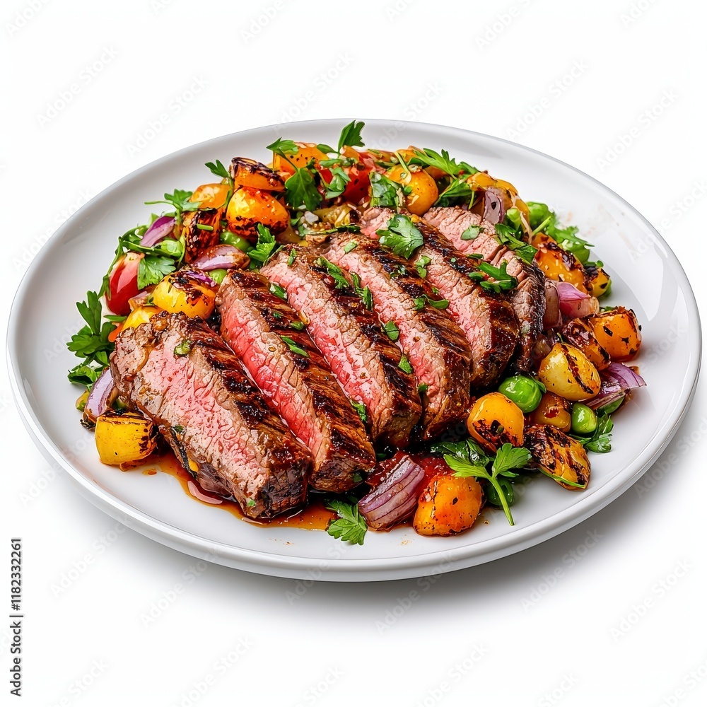 A succulent platter of grilled Chipotle Honey Skirt Steak served with roasted vegetables, herbs, and a delicious sauce, perfect for food lovers. A succulent platter of grilled Chipotle Honey Skirt Steak served with roasted vegetables, herbs, and a delicious sauce, perfect for food lovers.