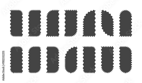 Zigzag wavy wrinkles geometric shapes silhouettes set, Abstract scallop shapes for label sticker design, vector illustration.