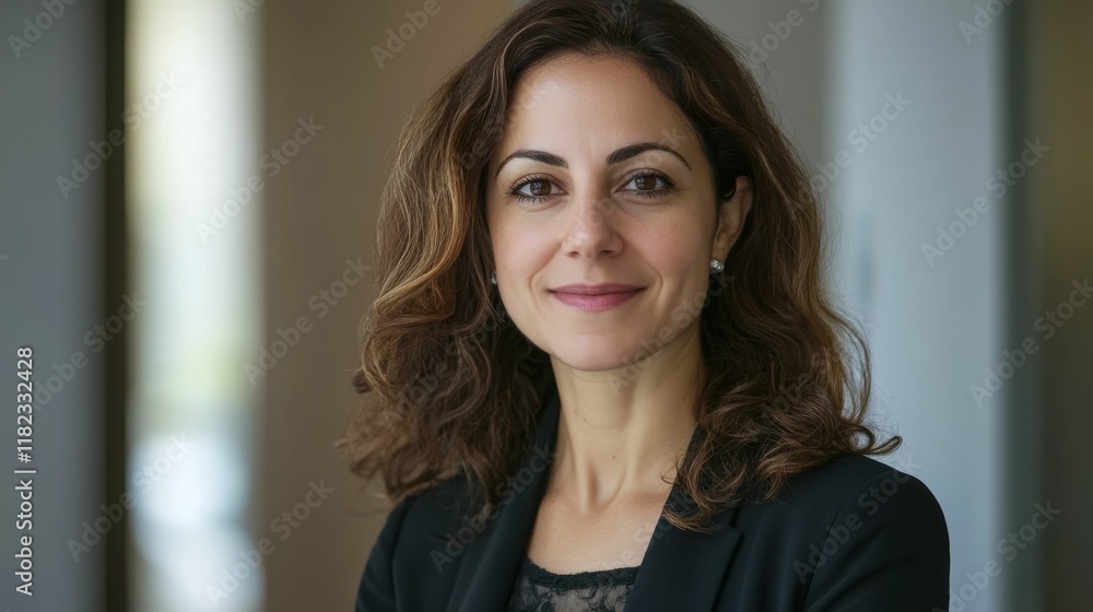 Smiling woman, brown wavy hair, dark jacket. Smiling woman, brown wavy hair, dark jacket.