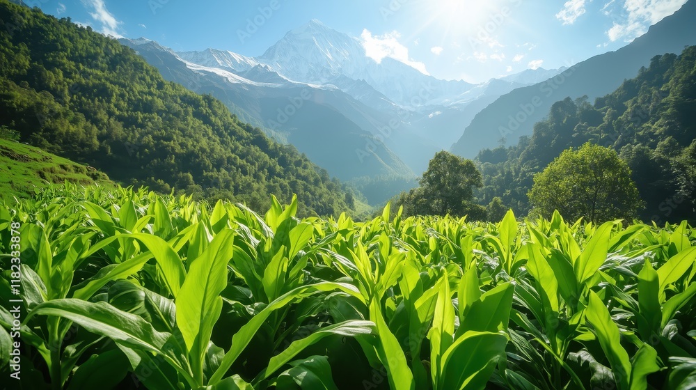 Turmeric plants thrive in a verdant valley, their vivid greenery contrasting beautifully with the distant white-capped mountains under a clear, sunny sky. Turmeric plants thrive in a verdant valley, their vivid greenery contrasting beautifully with the distant white-capped mountains under a clear, sunny sky.