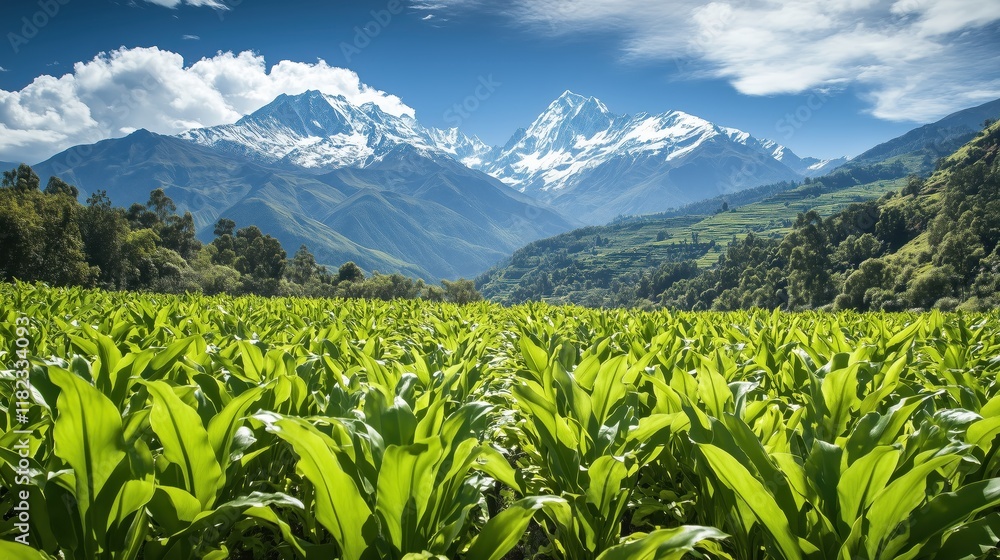 Turmeric plants thrive in a verdant valley, their vivid greenery contrasting beautifully with the distant white-capped mountains under a clear, sunny sky. Turmeric plants thrive in a verdant valley, their vivid greenery contrasting beautifully with the distant white-capped mountains under a clear, sunny sky.