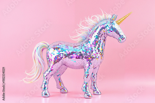 Shiny Disco Unicorn Figurine Lit Against Soft Gradient Background in Pink Tones