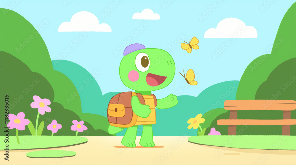 cheerful turtle with colorful backpack enjoys butterflies in nature cheerful turtle with colorful backpack enjoys butterflies in nature