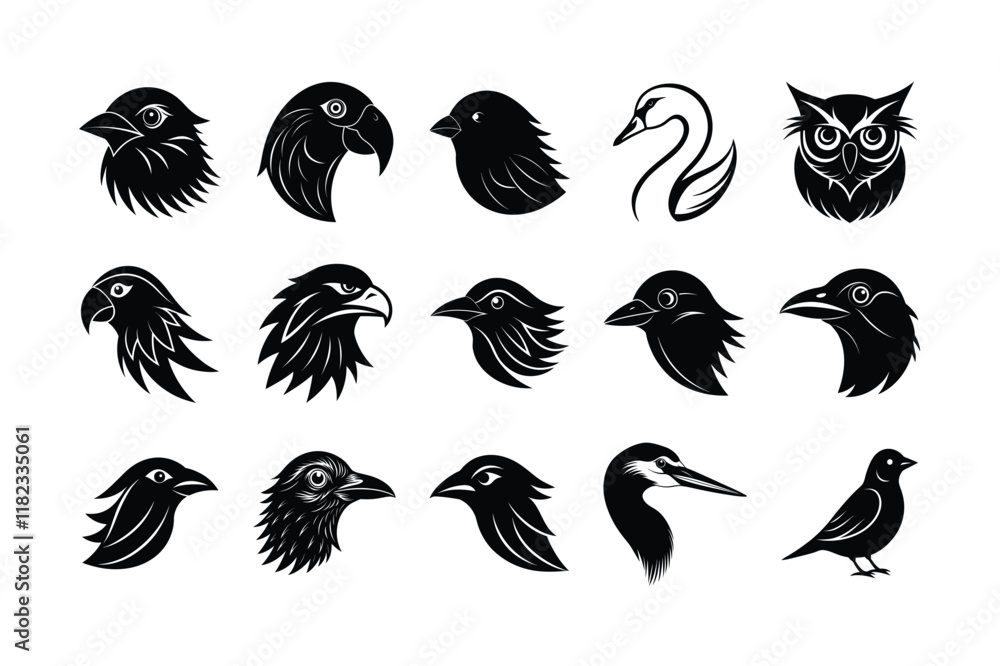 Fototapeta premium WebBlack Silhouette of Bird Head Icon Set Vector Illustration - Minimalist Bird Logos