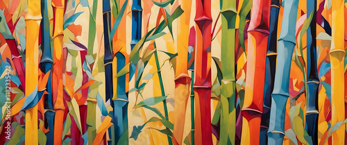 Colorful bamboo stalks and leaves.