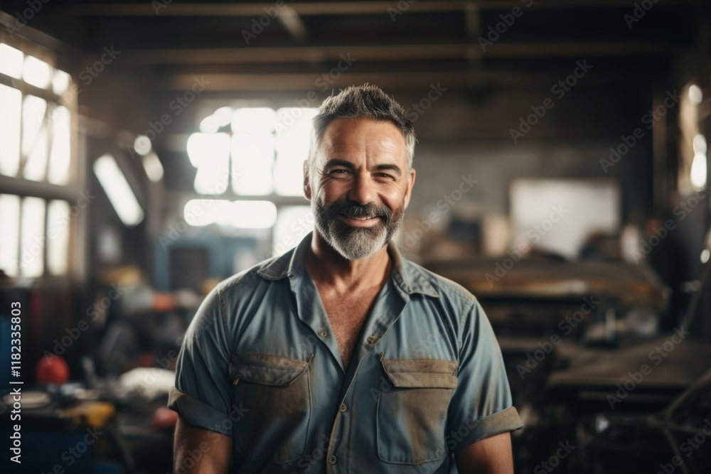 Smiling portrait of a middle aged Caucasian car mechanic in workshop Smiling portrait of a middle aged Caucasian car mechanic in workshop