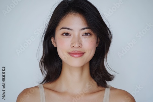 A senior Asian woman with shoulder-length hair poses in a bikini, exuding confidence and grace against a clean white background. photo