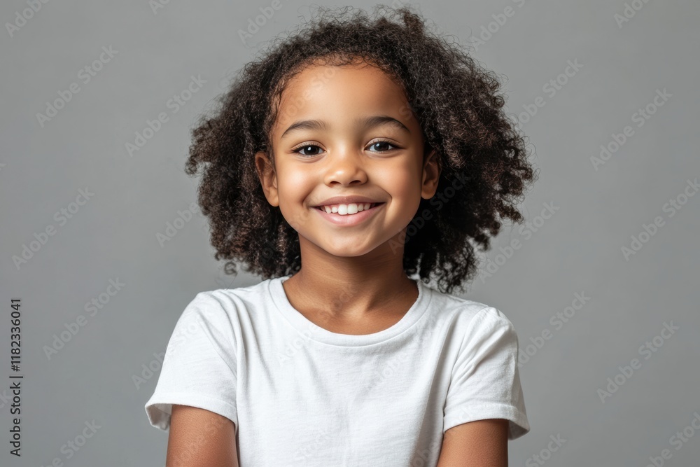 The bright smile and confident stance of a young black girl in a white t-shirt against a white backdrop make this image perfect for inclusivity and childhood happiness promotions. The bright smile and confident stance of a young black girl in a white t-shirt against a white backdrop make this image perfect for inclusivity and childhood happiness promotions.
