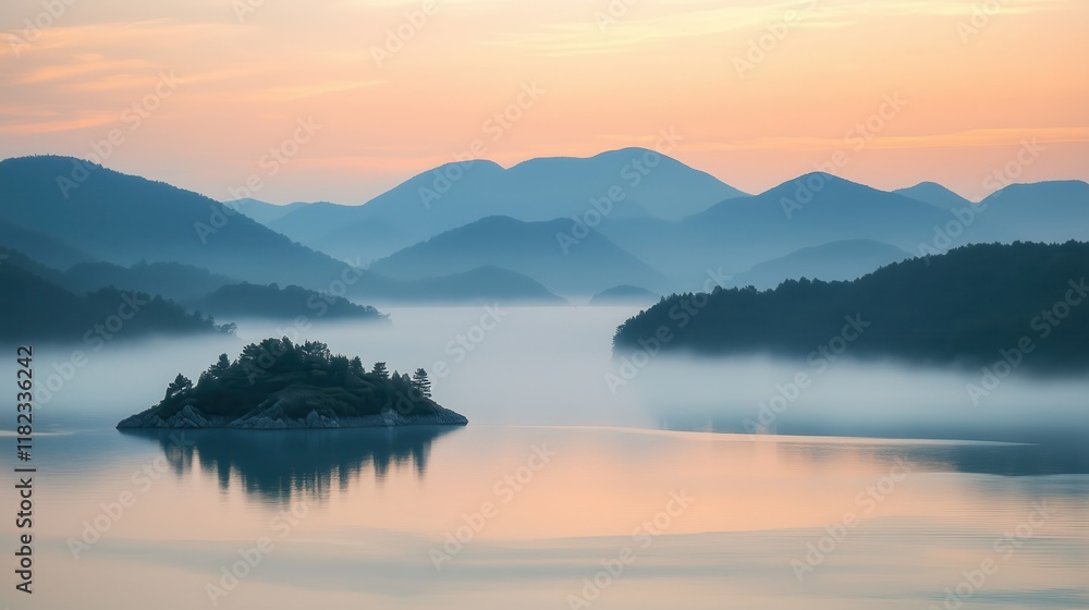 Fototapeta premium Mountainous islands rise from misty waters, bathed in the soft golden hues of sunrise, with the serene sky adding to the tranquil atmosphere.