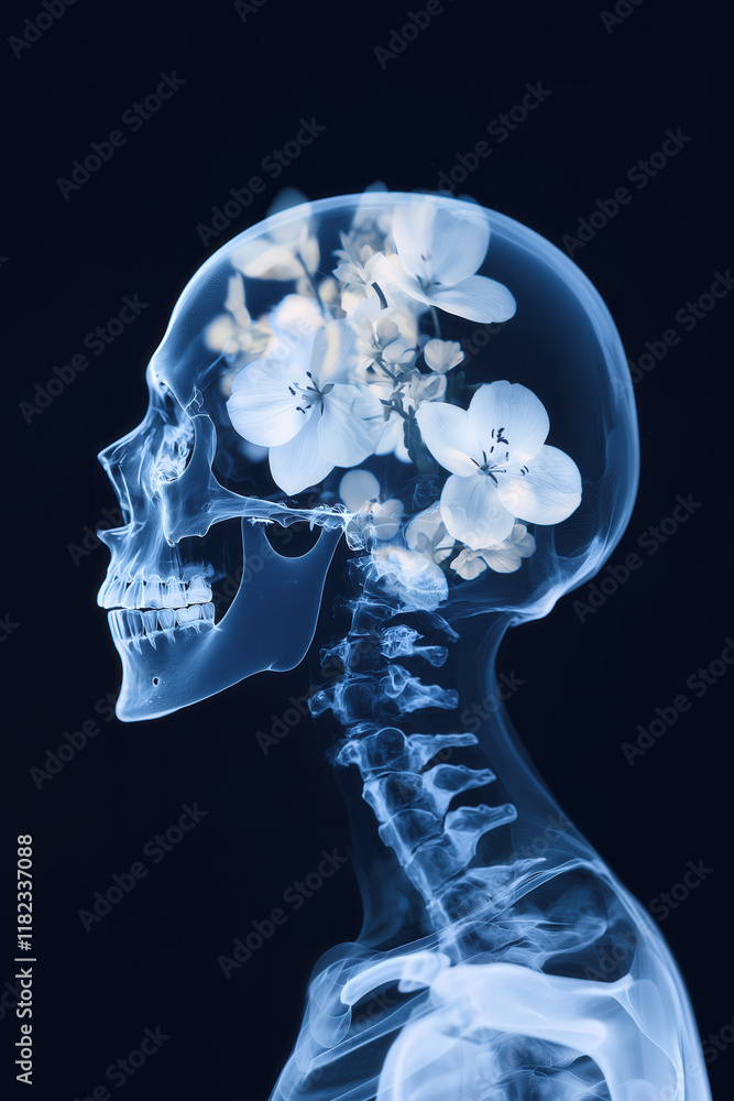 Artistic X-Ray of a Skull with Floral Elements, Side View, Double Exposure Effect in Blue and White, Minimalist Design on Dark Background Artistic X-Ray of a Skull with Floral Elements, Side View, Double Exposure Effect in Blue and White, Minimalist Design on Dark Background