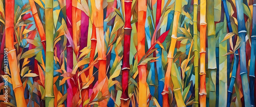 Colorful bamboo stalks and leaves.