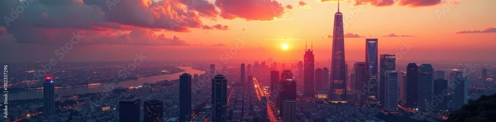 Fototapeta premium Brushed aluminum background with a futuristic cityscape at sunset, space, night