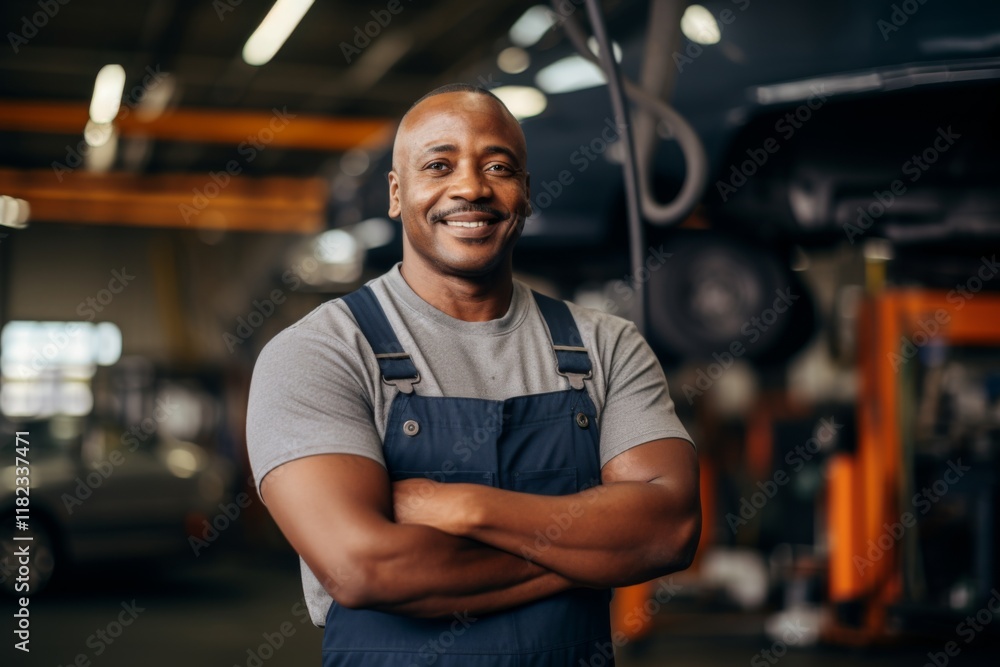 Smiling portrait of a middle aged African American car mechanic in workshop Smiling portrait of a middle aged African American car mechanic in workshop