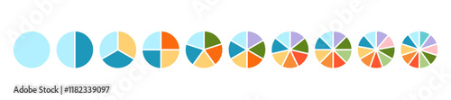 Diagram wheel divided from 1 to 10 parts, Pie chart infographic circle divided into pizza or donut segments, Vector flat icons.