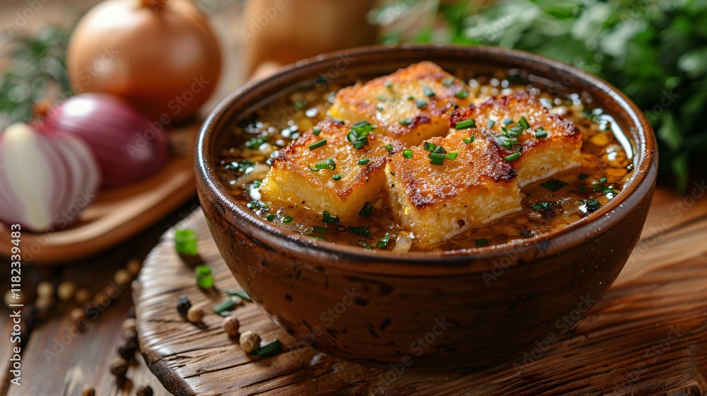 Onion soup with fried bread and onion on background Onion soup with fried bread and onion on background