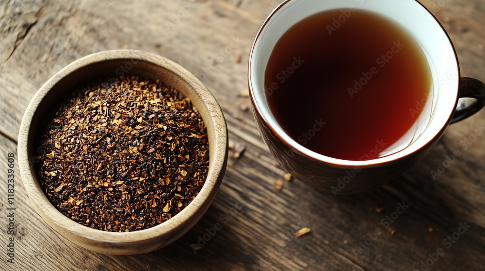 Taza de té rooibos con hojas secas sobre mesa de madera iluminada por el sol Taza de té rooibos con hojas secas sobre mesa de madera iluminada por el sol